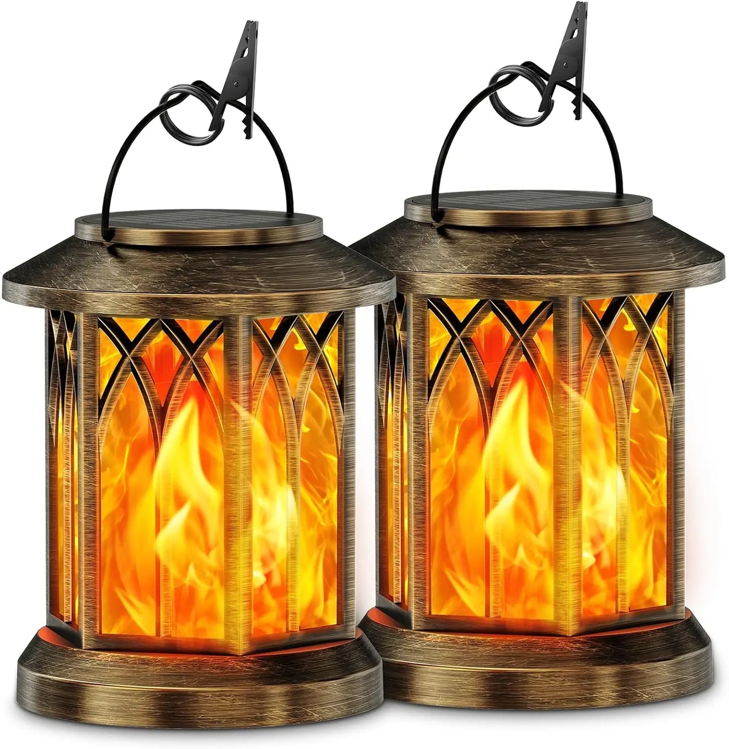 Waterproof Flickering Flame Solar Lantern Outdoor, Auto On/Off Hanging Bronze Lantern for Yard Garden Patio Table Decor