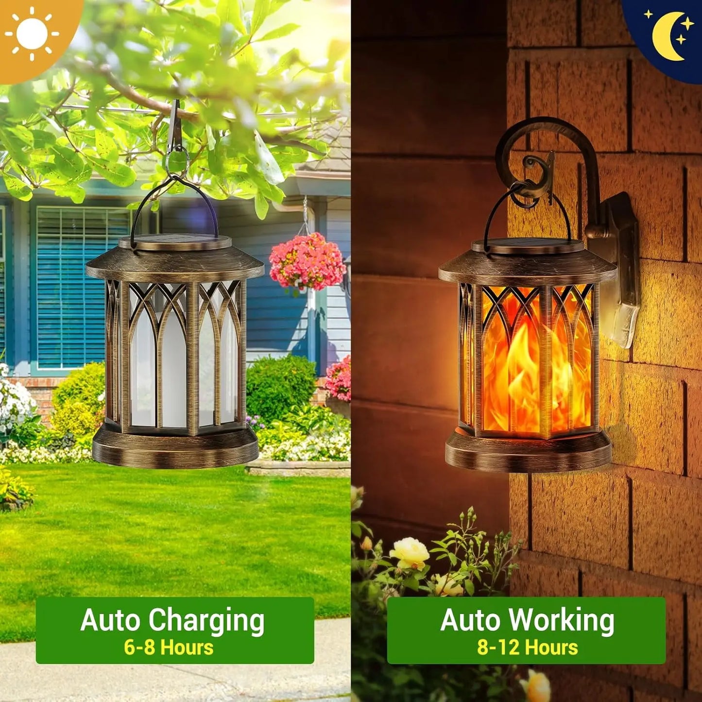 Waterproof Flickering Flame Solar Lantern Outdoor, Auto On/Off Hanging Bronze Lantern for Yard Garden Patio Table Decor