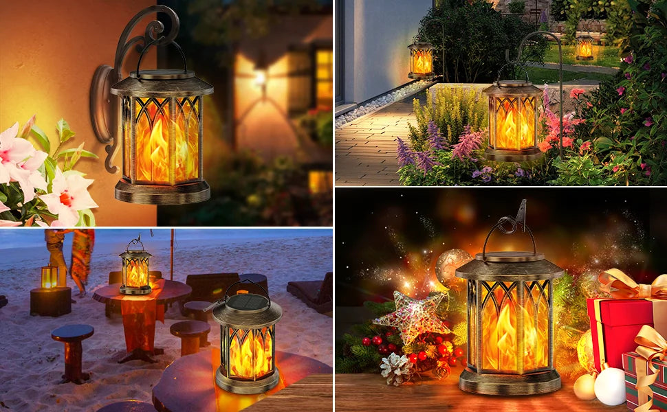 Waterproof Flickering Flame Solar Lantern Outdoor, Auto On/Off Hanging Bronze Lantern for Yard Garden Patio Table Decor