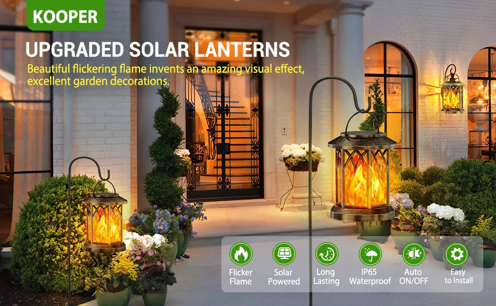 Waterproof Flickering Flame Solar Lantern Outdoor, Auto On/Off Hanging Bronze Lantern for Yard Garden Patio Table Decor
