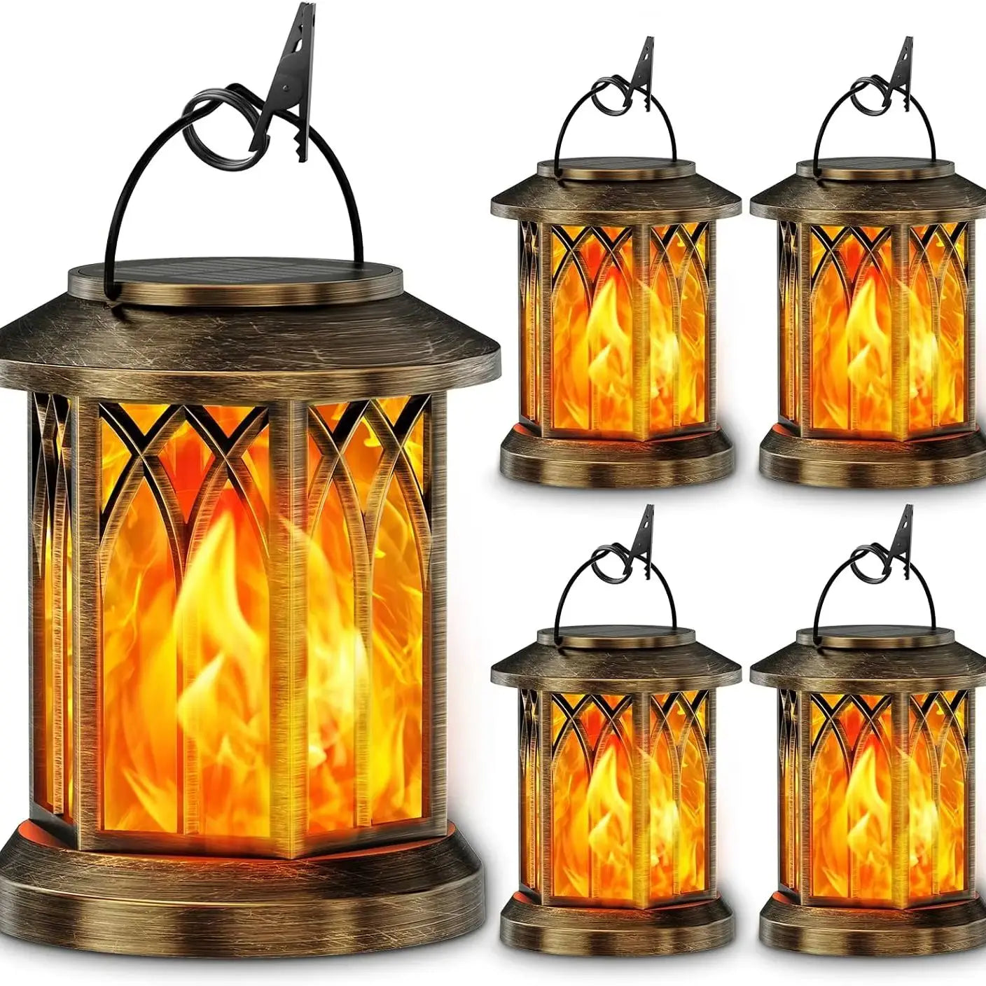 Waterproof Flickering Flame Solar Lantern Outdoor, Auto On/Off Hanging Bronze Lantern for Yard Garden Patio Table Decor