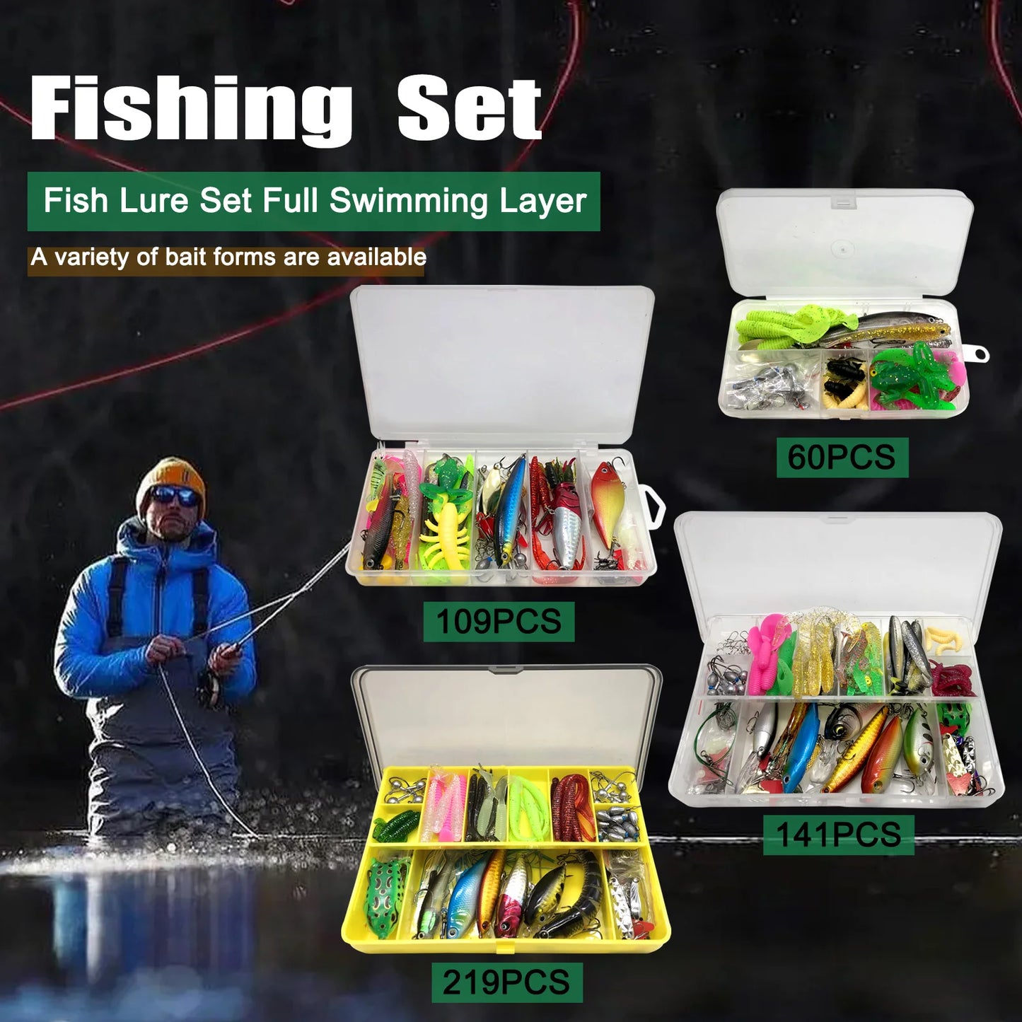 Fishing Lures Kit 60/109/141/219pcs Bait Set With Soft Lure Metal Spoons Hard Minnow Crankbait And Accessories With Tackle Box