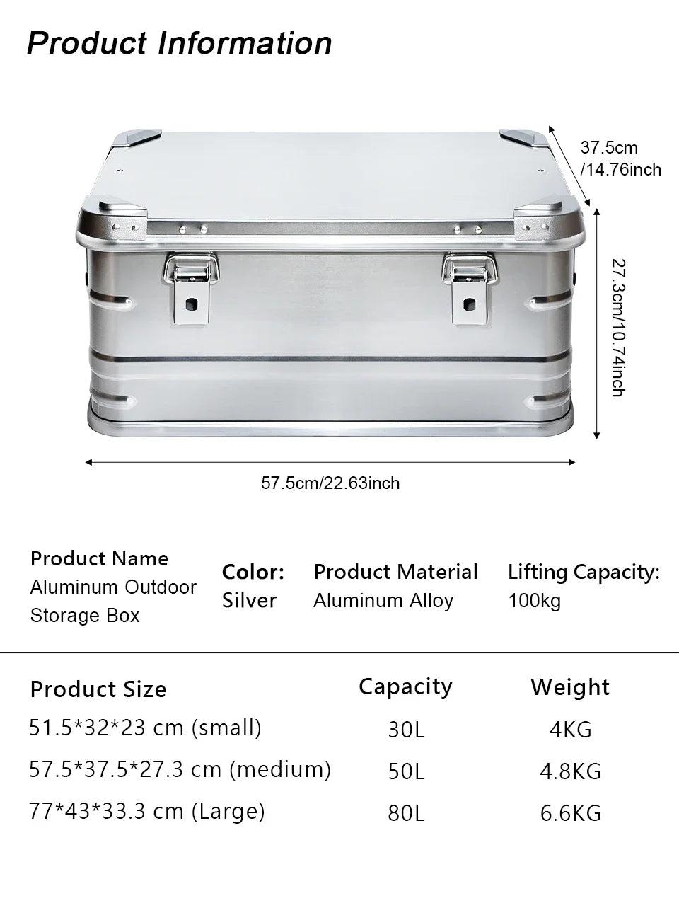 30-80L Outdoor Storage Box Camping Picnic Travel Aluminum Alloy Large Capacity Box Accessories Storage Bag Hiking Accessories