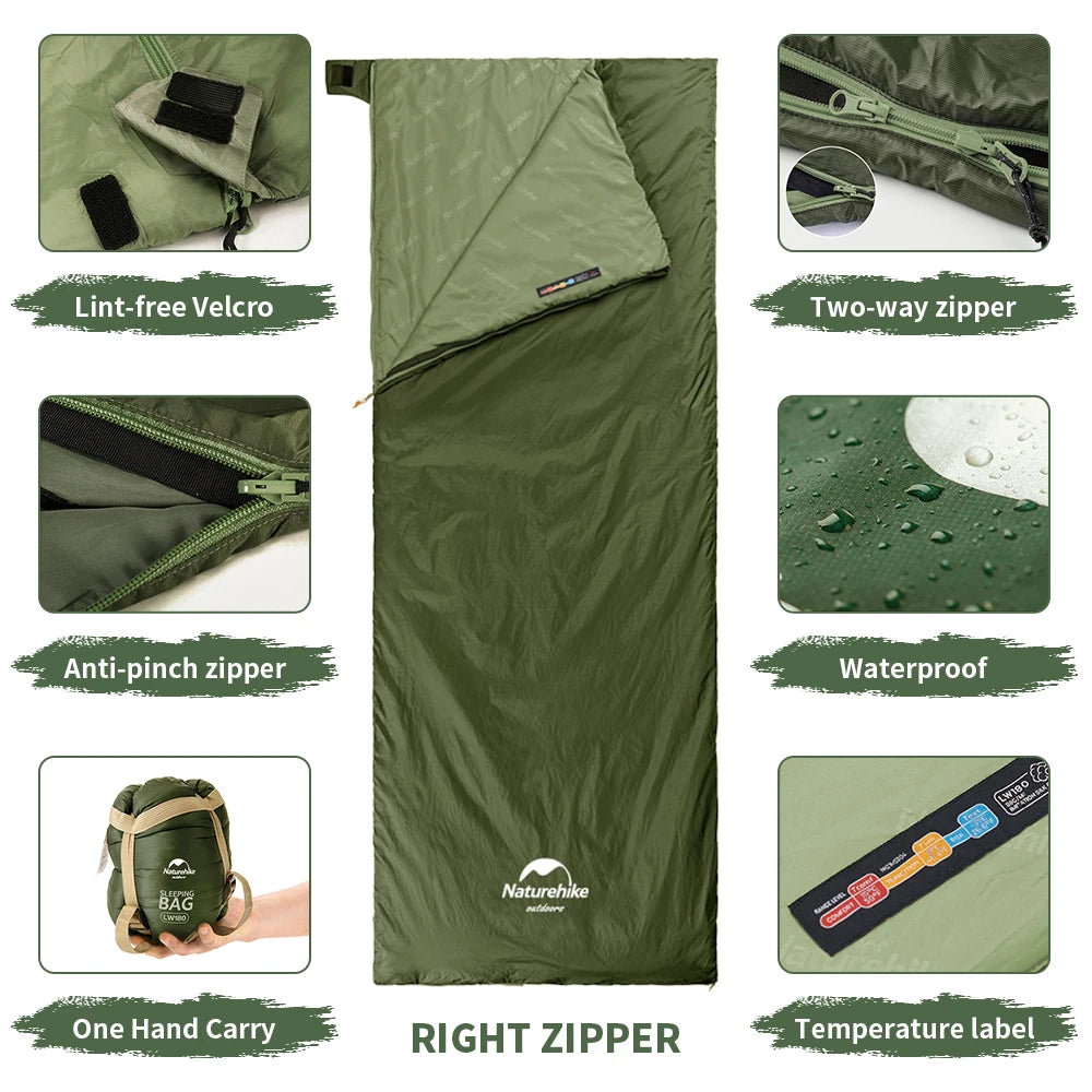 Naturehike Sleeping Bag LW180 Outdoor Ultralight Portable Waterproof Summer Sleeping Bag Envelope Cotton Camping Sleeping Bag