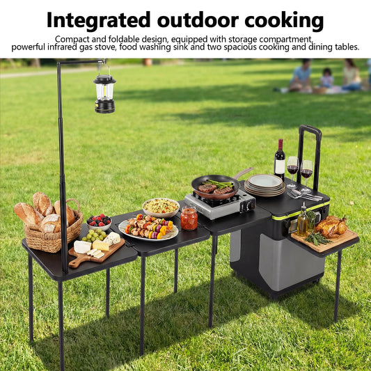 Camping Cooking Table with Wheels Portable Folding Camp Cook Station with Light Poles for Picnic Party Beach BBQ Cooking Indoor