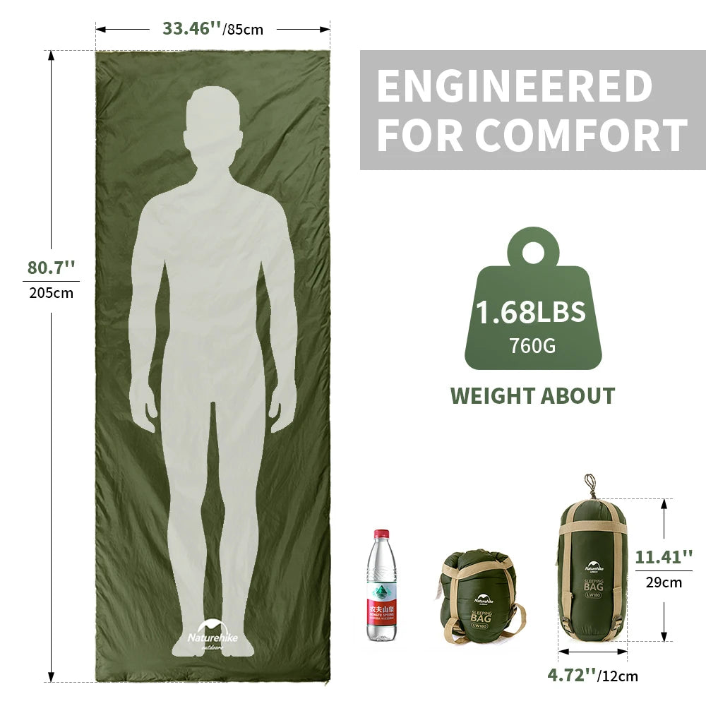 Naturehike Sleeping Bag LW180 Outdoor Ultralight Portable Waterproof Summer Sleeping Bag Envelope Cotton Camping Sleeping Bag