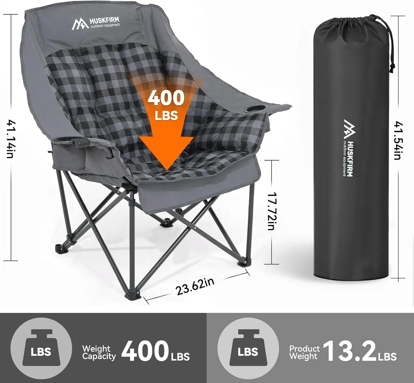Oversized Camping Chairs for Adults, Heavy Duty XL Padded Chair 400LBS Support with Cup Holder & Carry Bag
