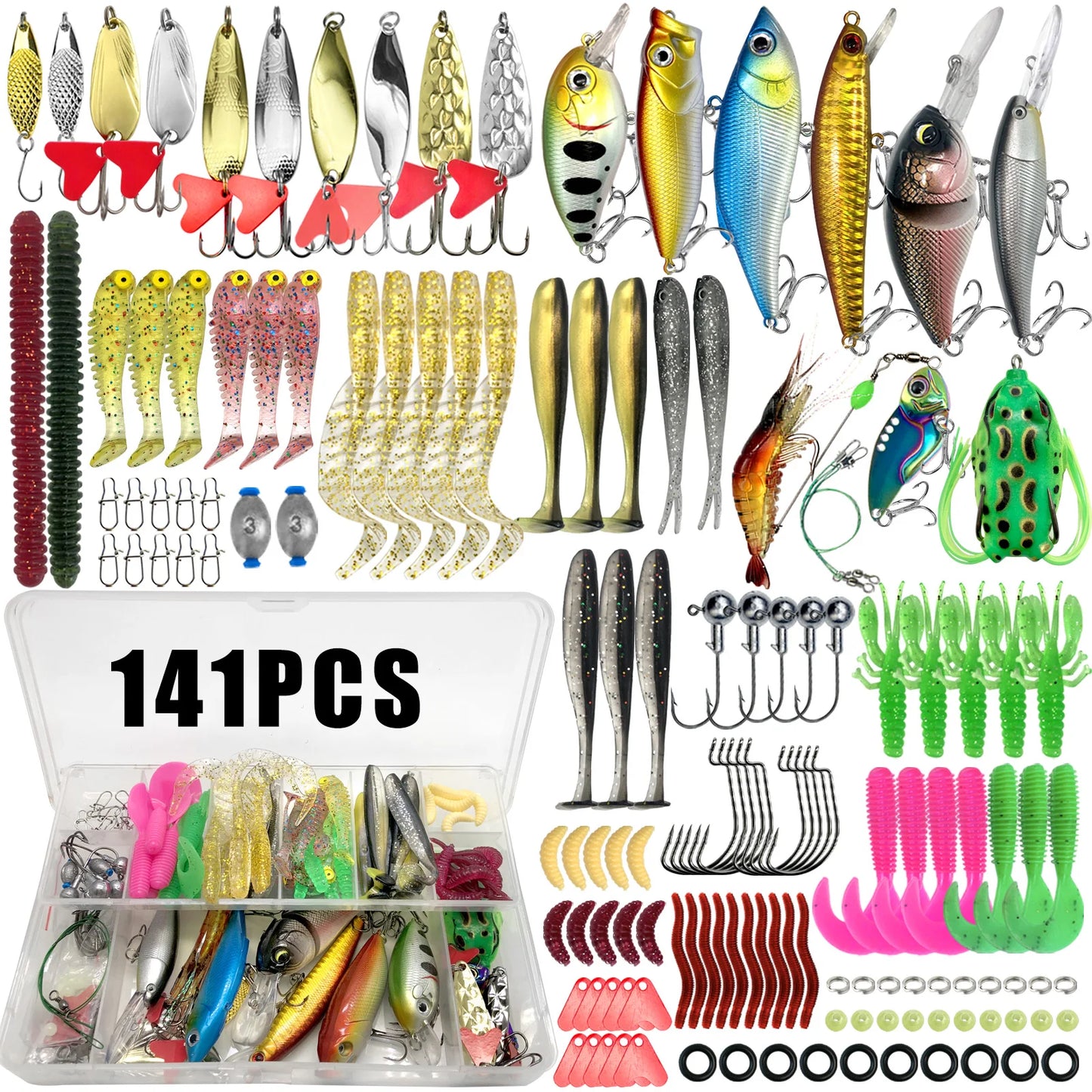 Fishing Lures Kit 60/109/141/219pcs Bait Set With Soft Lure Metal Spoons Hard Minnow Crankbait And Accessories With Tackle Box