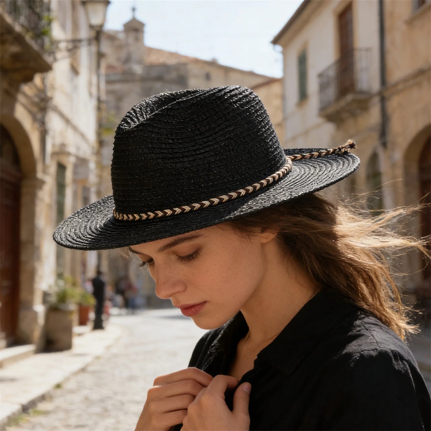 Stylish Wide Brim Straw Fedora Hat with Chic Ribbon Band for Beach Trips Travel and Leisure Activities in the Sun