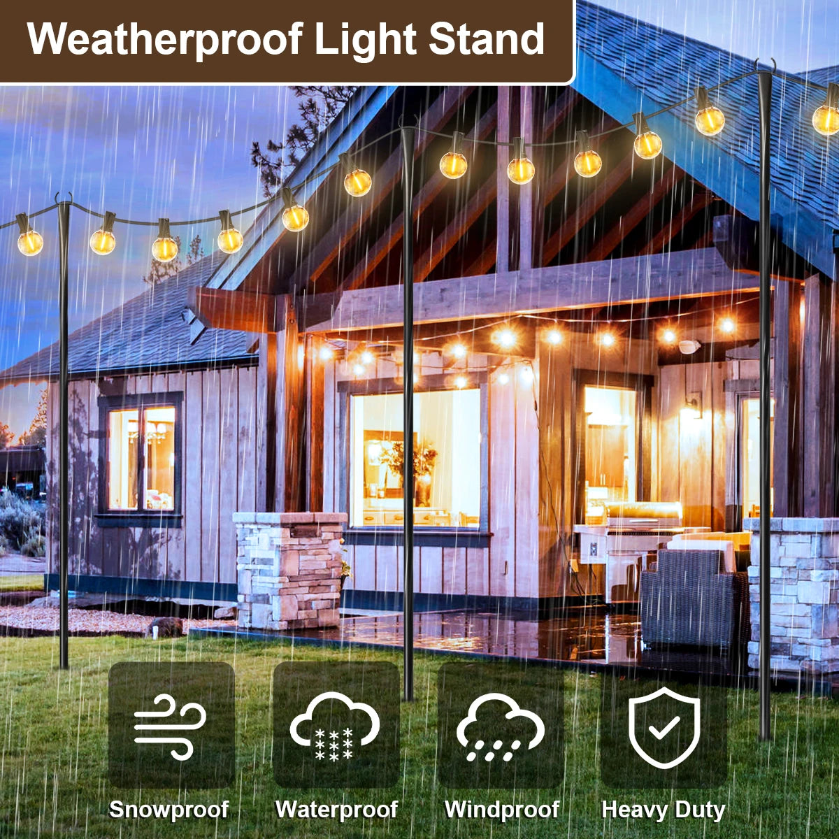 10Ft Metal String Light Poles with Fork, Waterproof Heavy-Duty Adjustable Hanging Lighting Stand for Patio Backyar Decor
