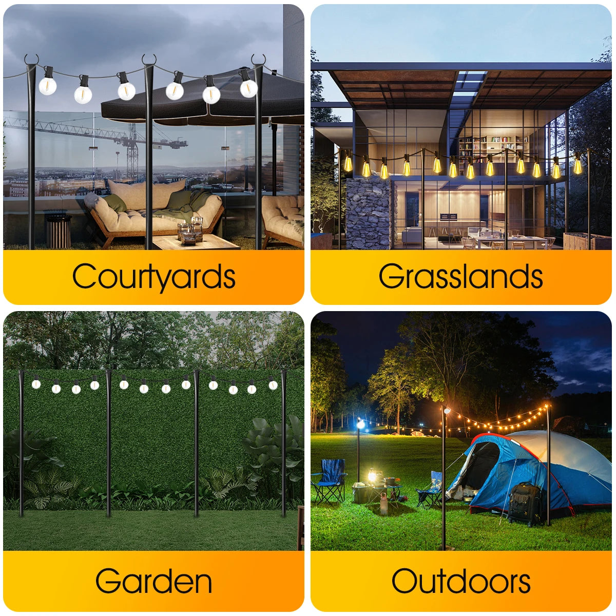 10Ft Metal String Light Poles with Fork, Waterproof Heavy-Duty Adjustable Hanging Lighting Stand for Patio Backyar Decor