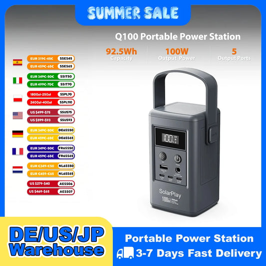 SOLARPLAY Q100 Portable Power Station 25000mAh Power Bank Outdoor Solar Generator 100W USB-C Output for Outdoor Camping Travel