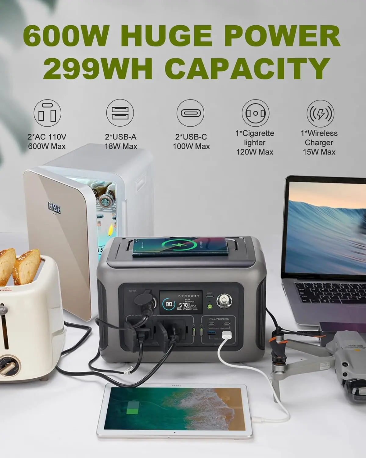 ALLPOWERS Solarpanel 100W 140W 200W Solar Energy Charger with LiFePo4 Battery 299Wh 600W Portable Power Station for Camping RV
