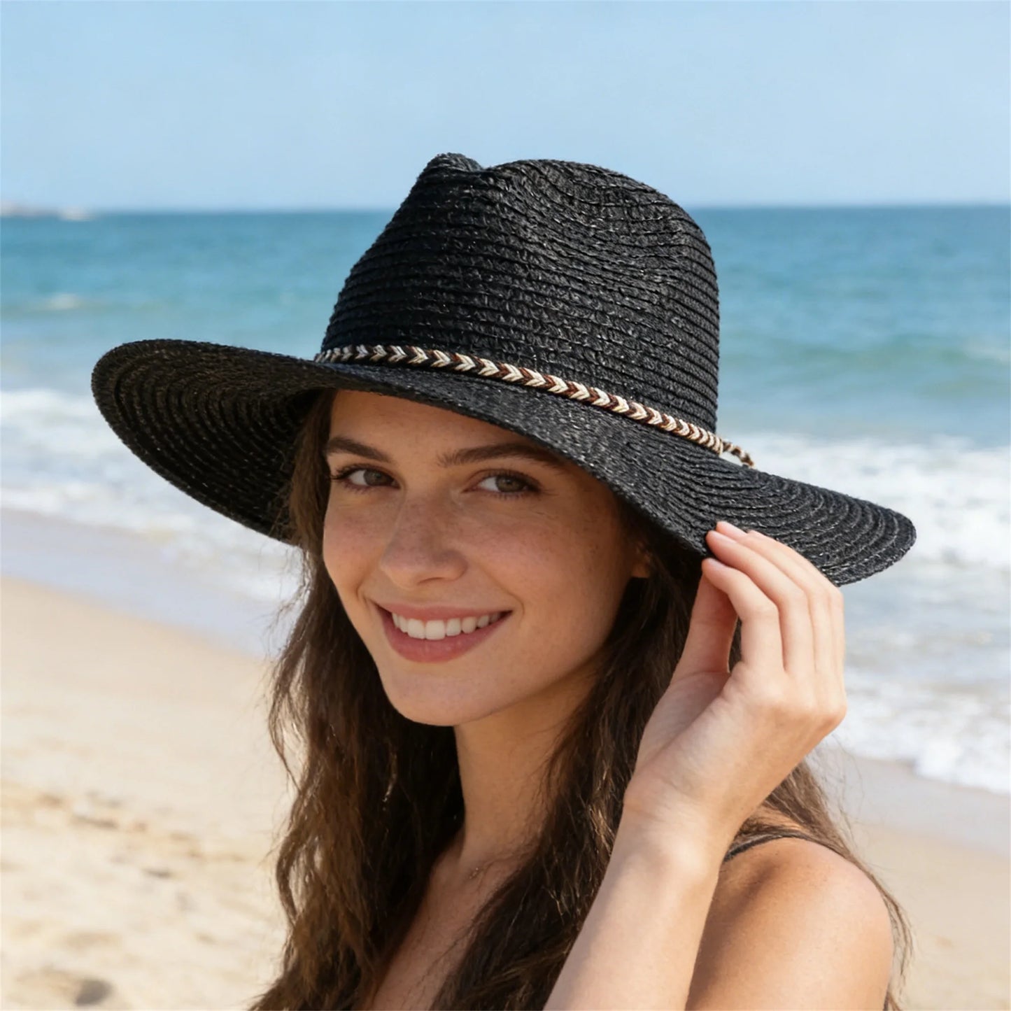 Stylish Wide Brim Straw Fedora Hat with Chic Ribbon Band for Beach Trips Travel and Leisure Activities in the Sun