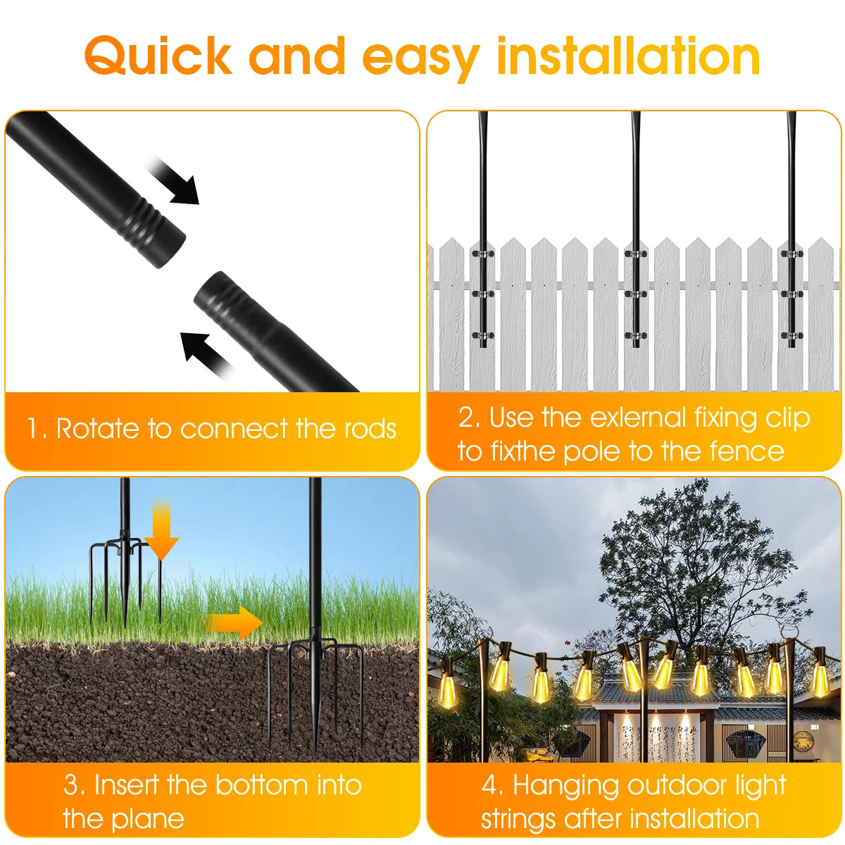 10Ft Metal String Light Poles with Fork, Waterproof Heavy-Duty Adjustable Hanging Lighting Stand for Patio Backyar Decor