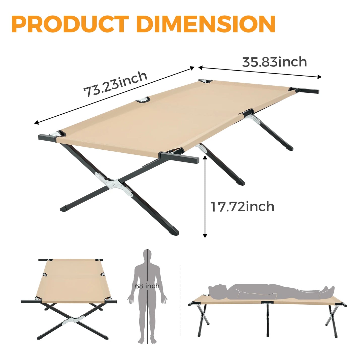 JHK Portable Folding Camping Marching Bed 300 LBS Capacity Collapsible Camping Cot Lounge Chair 73' X 36' Sleeping Cot Sturdy Frame for Outdoor Makeshift Bed