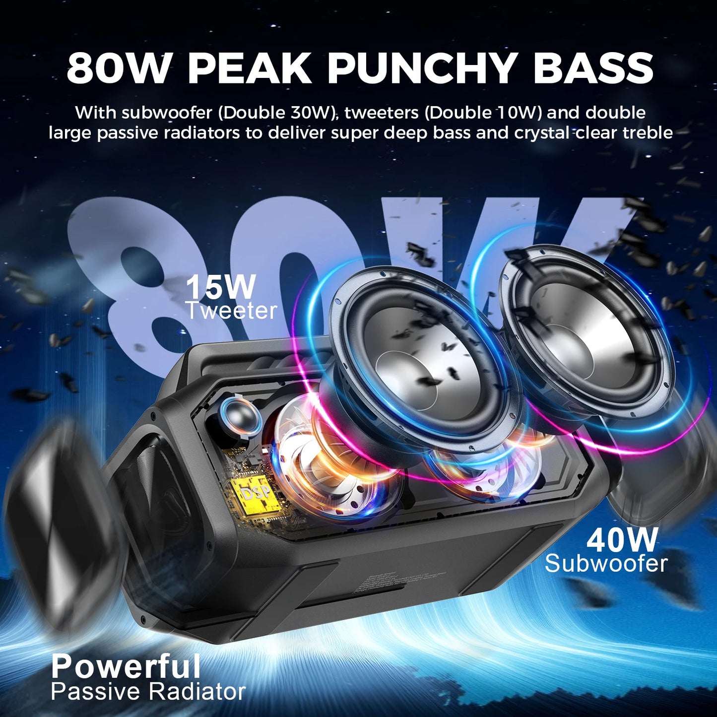 W-KING BT261-2 80W Speakers Bluetooth Wireless, Portable Outdoor Speakers Loud with Bass Boost, Stereo Pairing, Reverse Charging, IPX6 Waterproof