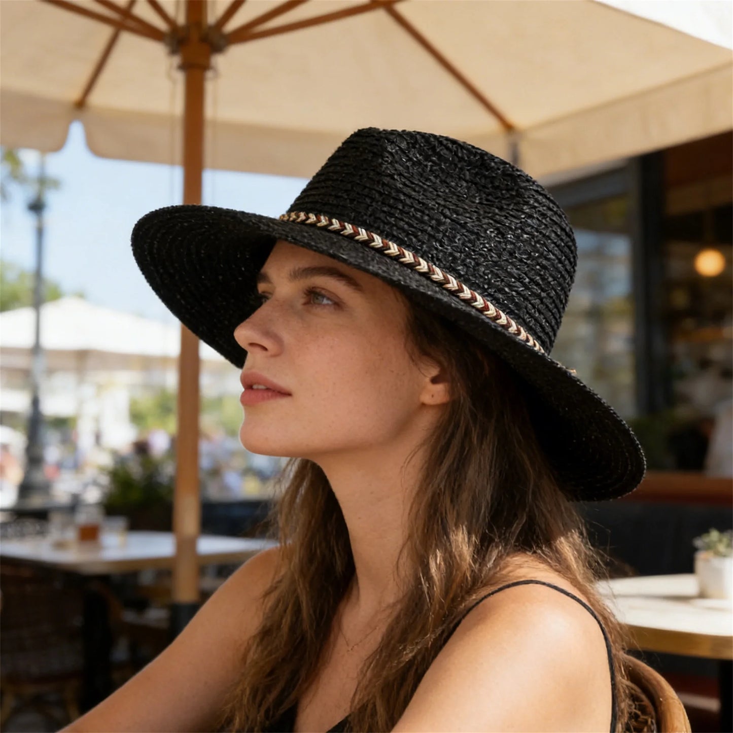 Stylish Wide Brim Straw Fedora Hat with Chic Ribbon Band for Beach Trips Travel and Leisure Activities in the Sun